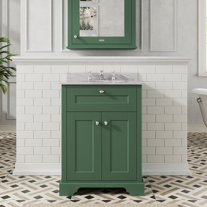 Old London 600mm Hunter Green 2 Door Floor Standing Cabinet With 3 Tap Holes Marble Basin