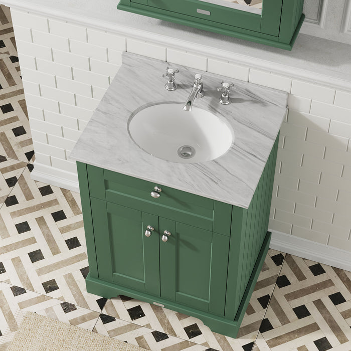 Old London 600mm Hunter Green 2 Door Floor Standing Cabinet With 3 Tap Holes Marble Basin