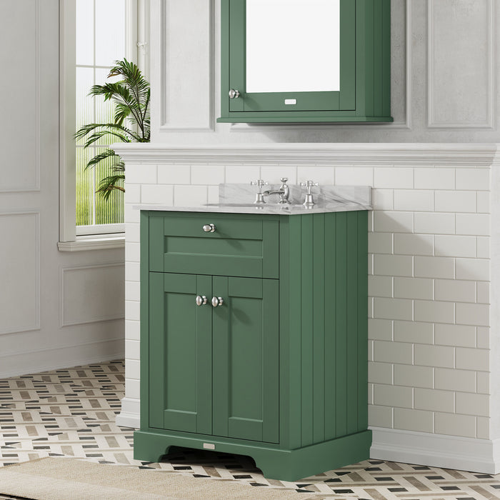 Old London 600mm Hunter Green 2 Door Floor Standing Cabinet With 3 Tap Holes Marble Basin