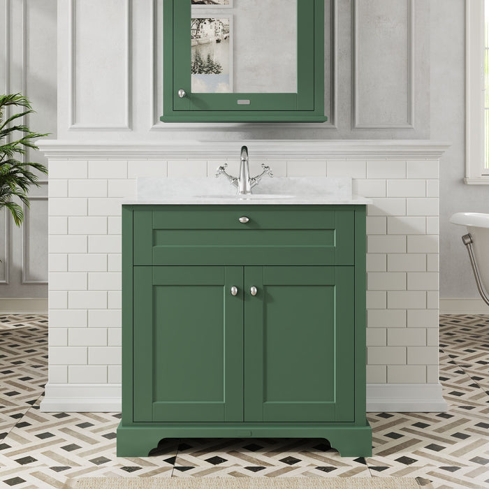 Old London 800mm Hunter Green 2 Door Floor Standing Cabinet With 1 Tap Hole Marble Basin