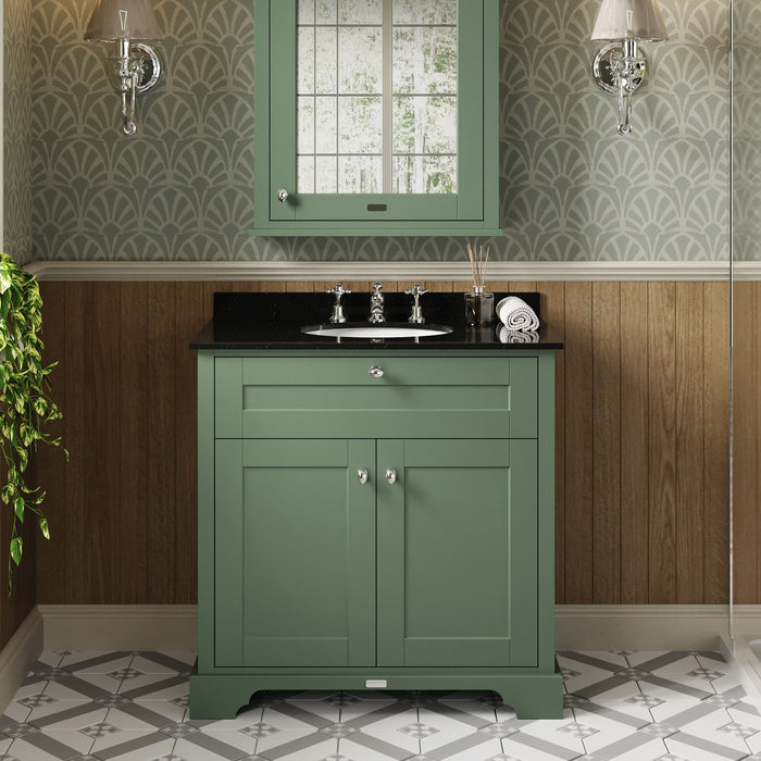 Old London 800mm Hunter Green 2 Door Floor Standing Cabinet With 3 Tap Holes Marble Basin