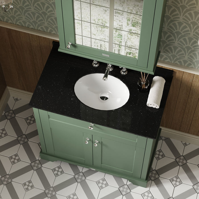 Old London 800mm Hunter Green 2 Door Floor Standing Cabinet With 3 Tap Holes Marble Basin