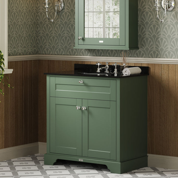 Old London 800mm Hunter Green 2 Door Floor Standing Cabinet With 3 Tap Holes Marble Basin