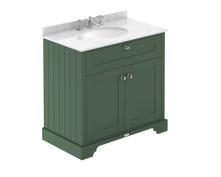 Old London 800mm Hunter Green 2 Door Floor Standing Cabinet With 3 Tap Holes Marble Basin