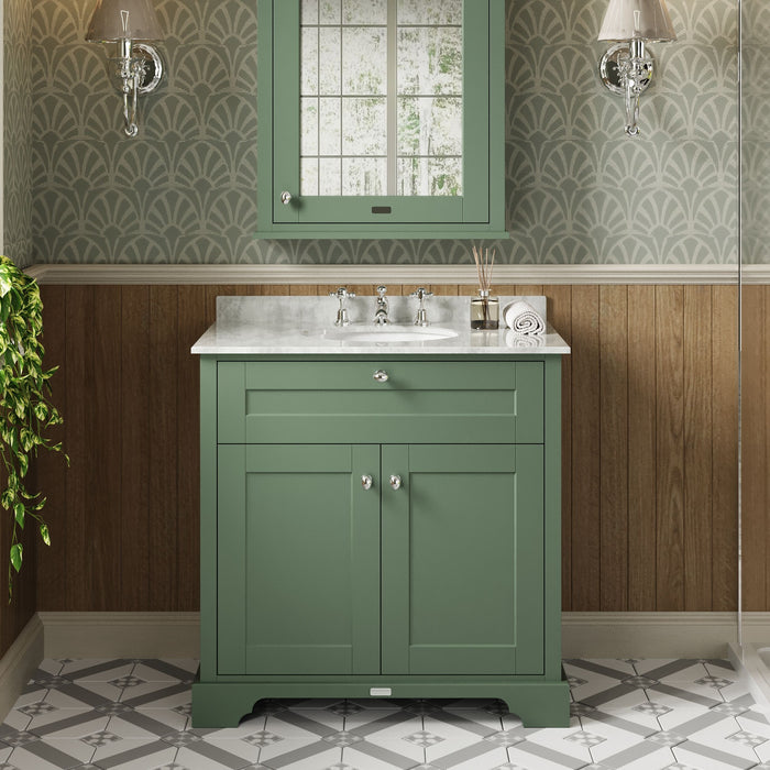 Old London 800mm Hunter Green 2 Door Floor Standing Cabinet With 3 Tap Holes Marble Basin