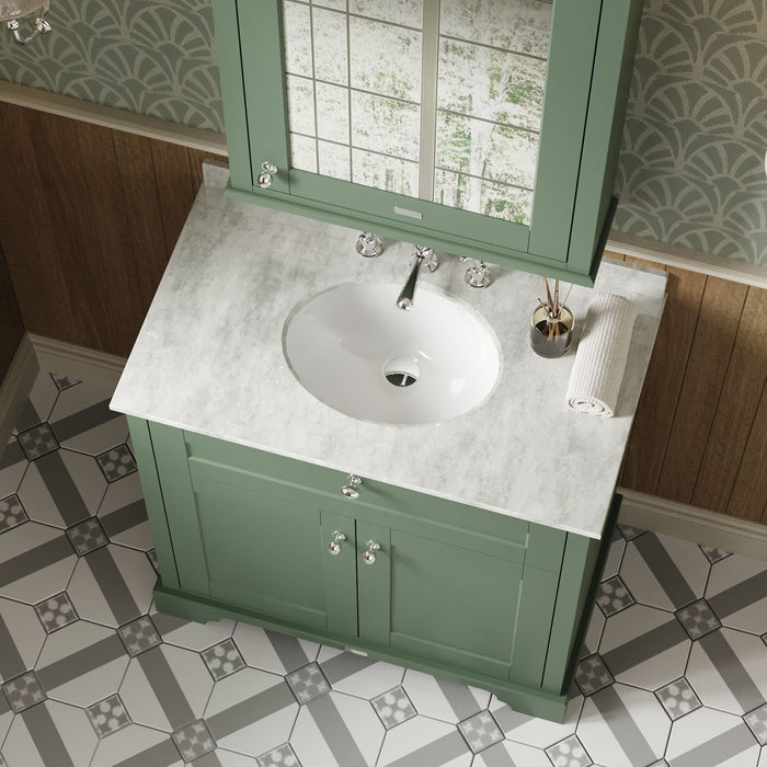 Old London 800mm Hunter Green 2 Door Floor Standing Cabinet With 3 Tap Holes Marble Basin