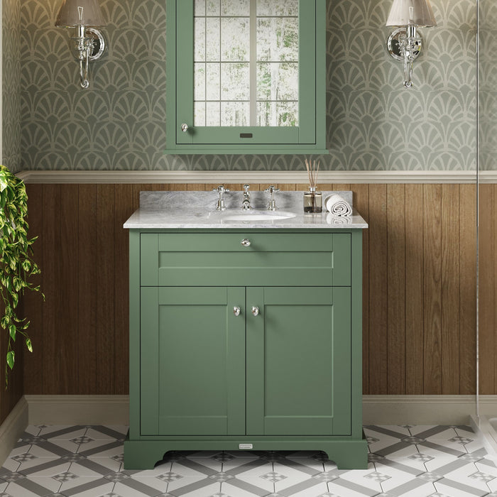 Old London 800mm Hunter Green 2 Door Floor Standing Cabinet With 3 Tap Holes Marble Basin