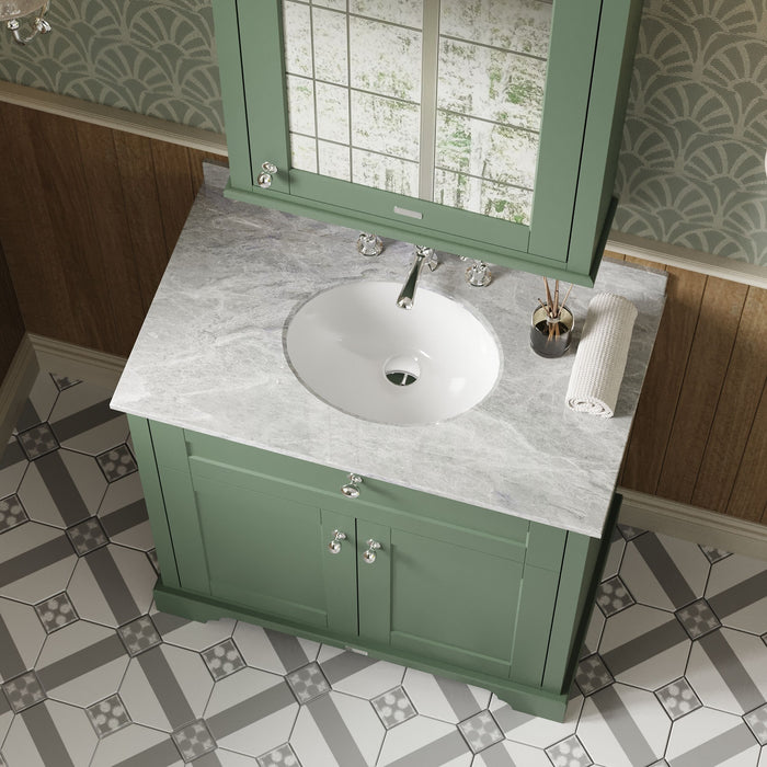 Old London 800mm Hunter Green 2 Door Floor Standing Cabinet With 3 Tap Holes Marble Basin
