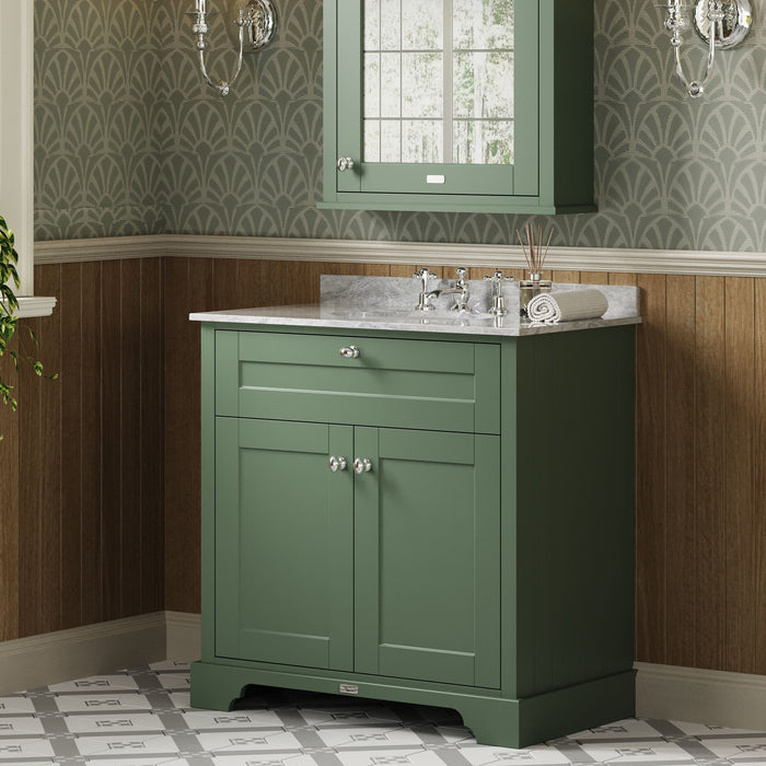 Old London 800mm Hunter Green 2 Door Floor Standing Cabinet With 3 Tap Holes Marble Basin