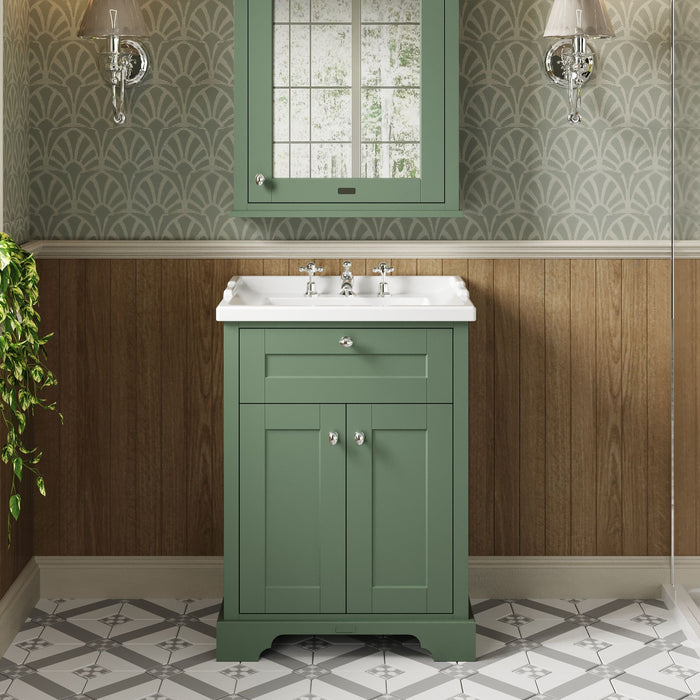 Old London 600mm Hunter Green 2 Door Floor Standing Cabinet With 3 Tap Holes Basin
