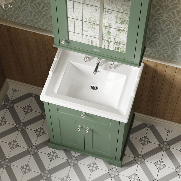 Old London 600mm Hunter Green 2 Door Floor Standing Cabinet With 3 Tap Holes Basin