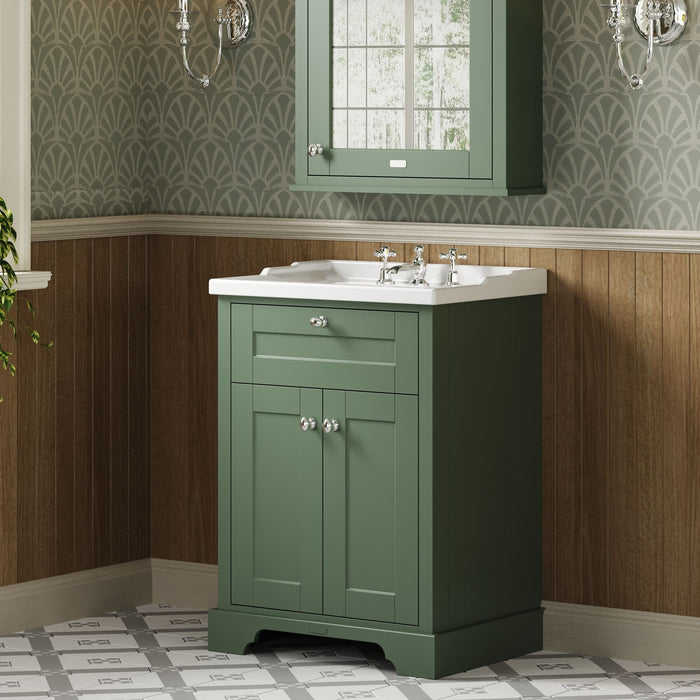 Old London 600mm Hunter Green 2 Door Floor Standing Cabinet With 3 Tap Holes Basin