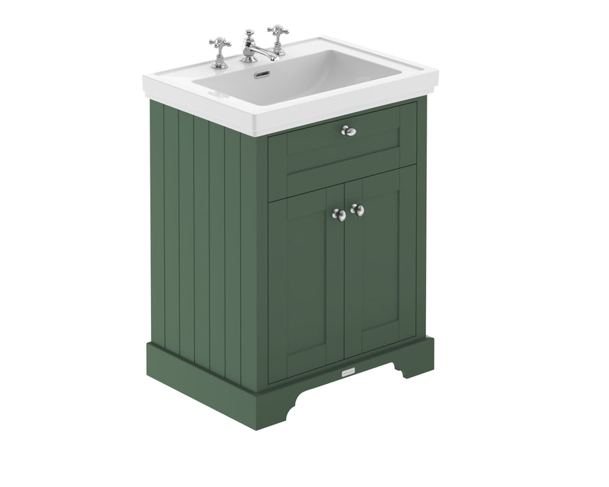 Old London 600mm Hunter Green 2 Door Floor Standing Vanity Unit With 3 Tap Holes Basin