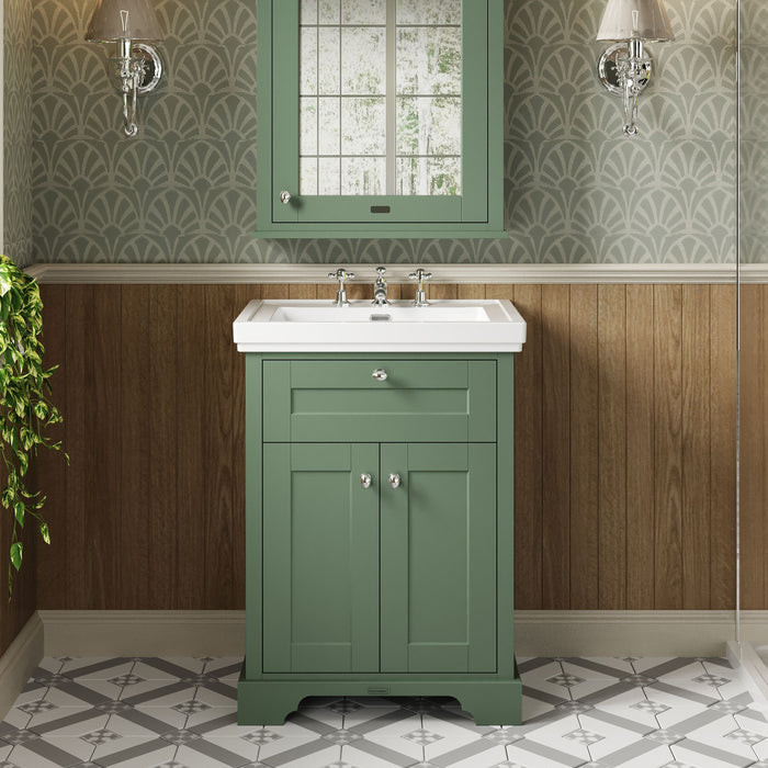 Old London 600mm Hunter Green 2 Door Floor Standing Vanity Unit With 3 Tap Holes Basin