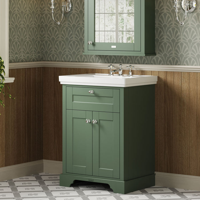 Old London 600mm Hunter Green 2 Door Floor Standing Vanity Unit With 3 Tap Holes Basin