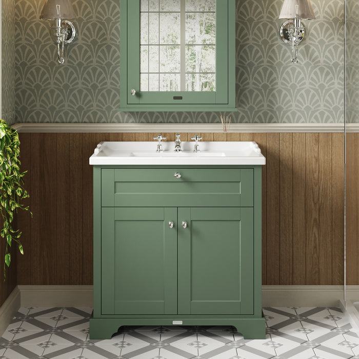 Old London 800mm Hunter Green 2 Door Floor Standing Cabinet With 3 Tap Holes Basin