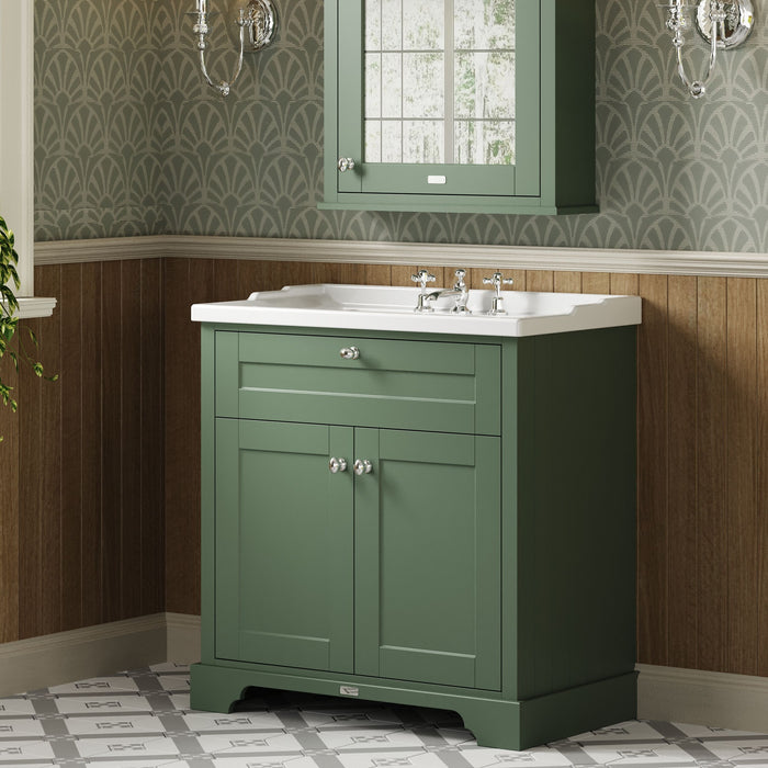 Old London 800mm Hunter Green 2 Door Floor Standing Cabinet With 3 Tap Holes Basin