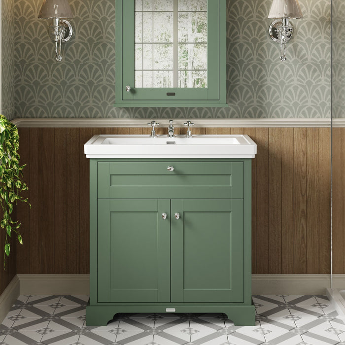 Old London 800mm Hunter Green 2 Door Floor Standing Vanity Unit With 3 Tap Holes Basin