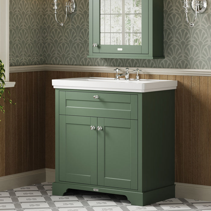 Old London 800mm Hunter Green 2 Door Floor Standing Vanity Unit With 3 Tap Holes Basin