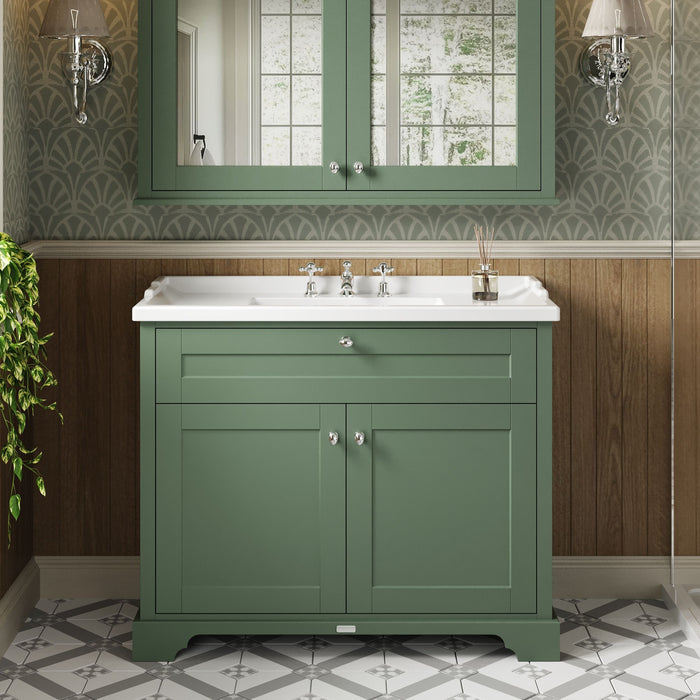 Old London 1000mm Hunter Green 2 Door Floor Standing Cabinet With 3 Tap Holes Basin