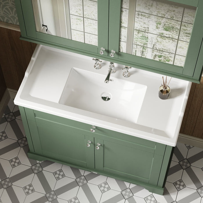 Old London 1000mm Hunter Green 2 Door Floor Standing Cabinet With 3 Tap Holes Basin
