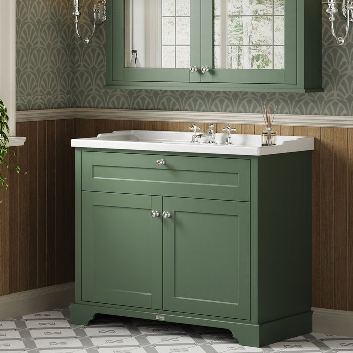 Old London 1000mm Hunter Green 2 Door Floor Standing Cabinet With 3 Tap Holes Basin