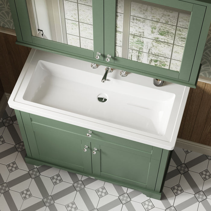 Old London 1000mm Hunter Green 2 Door Floor Standing Vanity Unit With 3 Tap Holes Fireclay Basin
