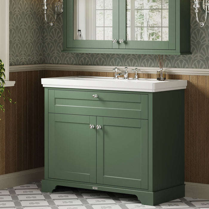 Old London 1000mm Hunter Green 2 Door Floor Standing Vanity Unit With 3 Tap Holes Fireclay Basin