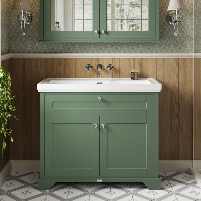 Old London 1000mm Hunter Green 2 Door Floor Standing Vanity Unit With Fireclay Basin