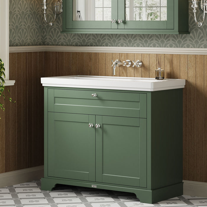 Old London 1000mm Hunter Green 2 Door Floor Standing Vanity Unit With Fireclay Basin