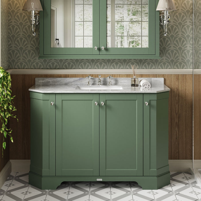 Old London 1200mm Hunter Green 4 Door Floor Standing Angled Vanity Unit With 3 Tap Holes Grey Marble Basin