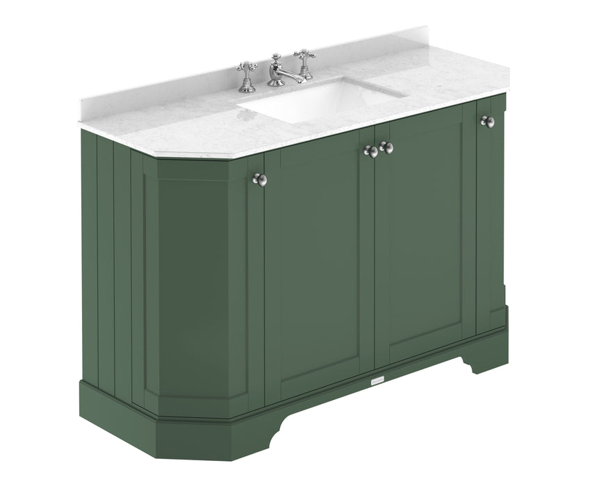 Old London 1200mm Hunter Green 4 Door Floor Standing Angled Vanity Unit With 3 Tap Holes White Marble Basin
