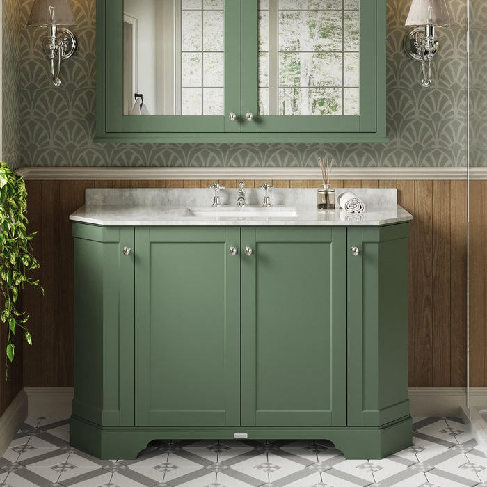 Old London 1200mm Hunter Green 4 Door Floor Standing Angled Vanity Unit With 3 Tap Holes White Marble Basin