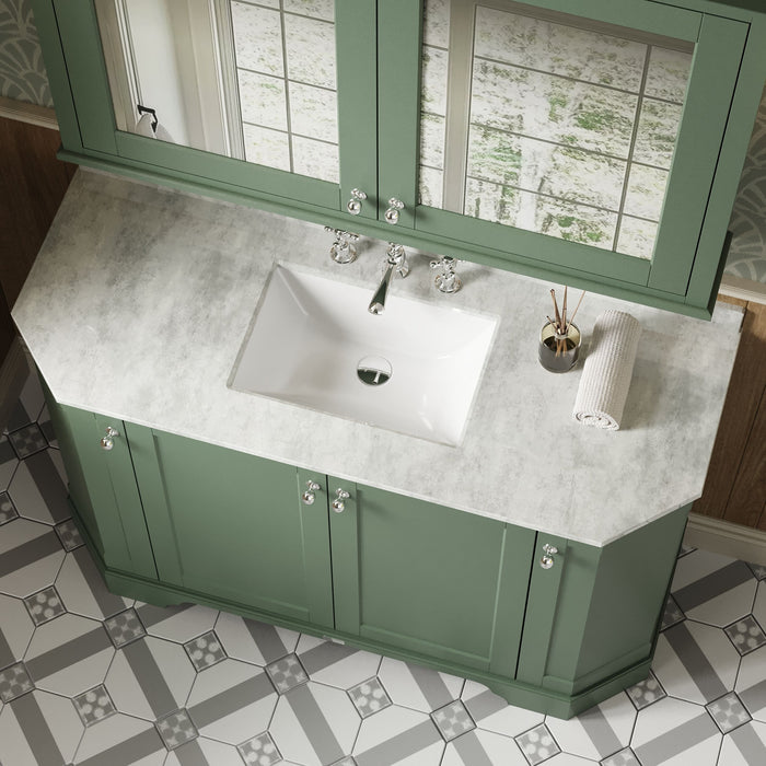 Old London 1200mm Hunter Green 4 Door Floor Standing Angled Vanity Unit With 3 Tap Holes White Marble Basin