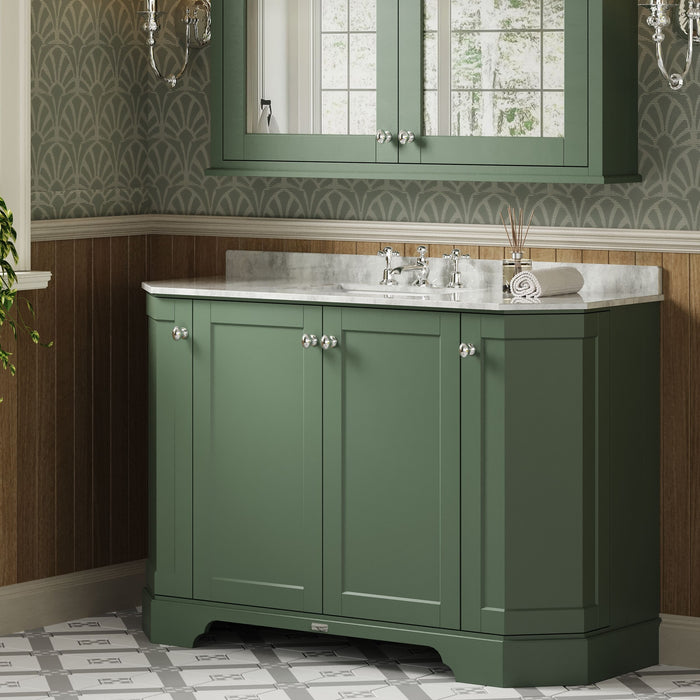 Old London 1200mm Hunter Green 4 Door Floor Standing Angled Vanity Unit With 3 Tap Holes White Marble Basin