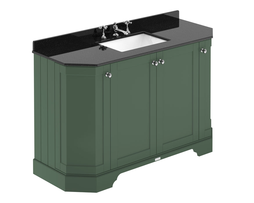 Old London 1200mm Hunter Green 4 Door Floor Standing Angled Vanity Unit With 3 Tap Holes Black Marble Basin