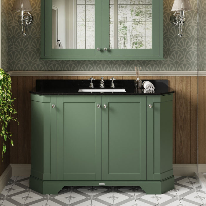 Old London 1200mm Hunter Green 4 Door Floor Standing Angled Vanity Unit With 3 Tap Holes Black Marble Basin