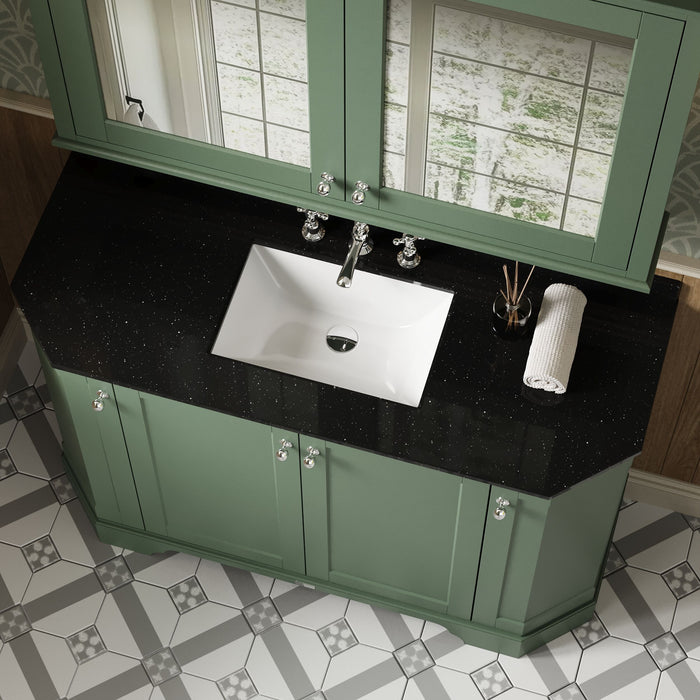 Old London 1200mm Hunter Green 4 Door Floor Standing Angled Vanity Unit With 3 Tap Holes Black Marble Basin