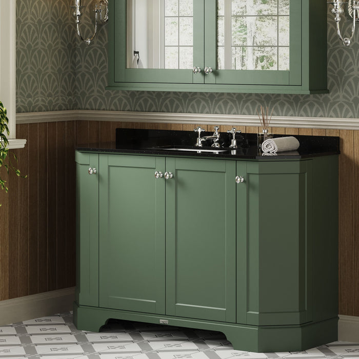 Old London 1200mm Hunter Green 4 Door Floor Standing Angled Vanity Unit With 3 Tap Holes Black Marble Basin