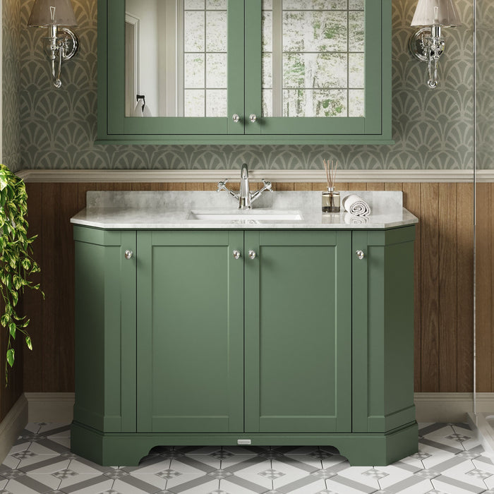 Old London 1200mm Hunter Green 4 Door Floor Standing Angled Vanity Unit With 1 Tap Hole White Marble Basin
