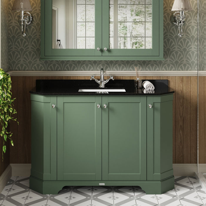 Old London 1200mm Hunter Green 4 Door Floor Standing Angled Vanity Unit With 1 Tap Hole Black Marble Basin