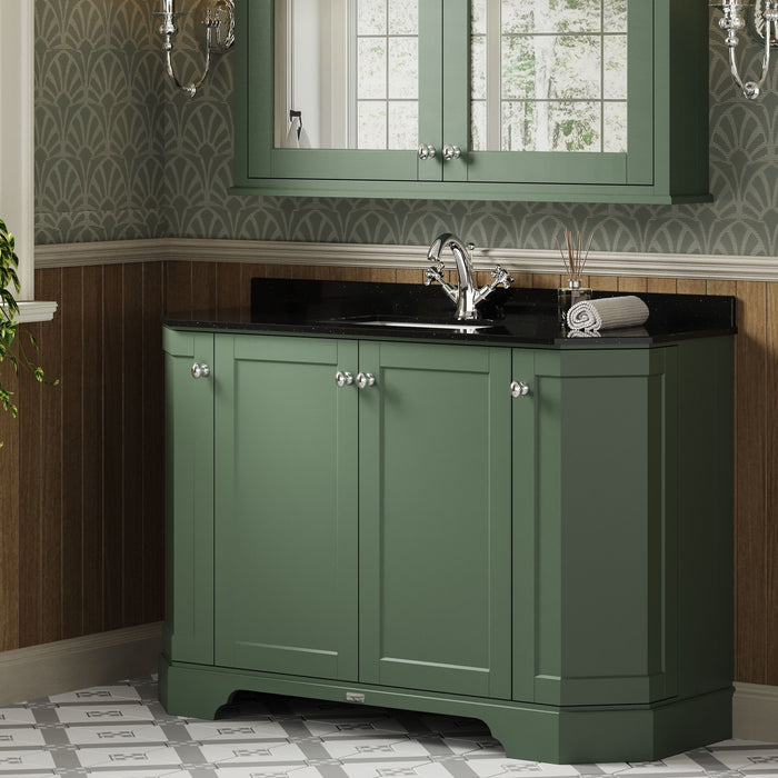 Old London 1200mm Hunter Green 4 Door Floor Standing Angled Vanity Unit With 1 Tap Hole Black Marble Basin