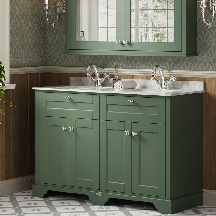 Old London 1200mm Hunter Green 4 Door Floor Standing Cabinet With Twin Marble Basin