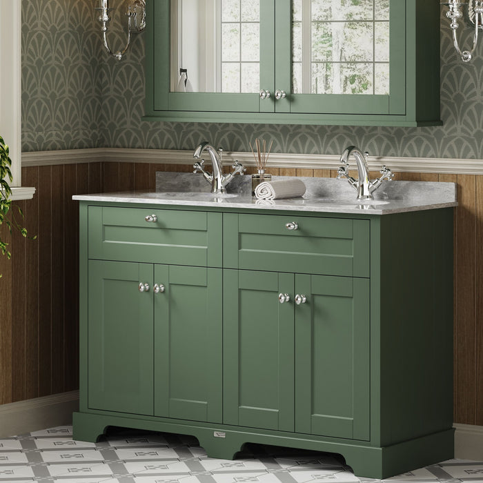 Old London 1200mm Hunter Green 4 Door Floor Standing Cabinet With Twin Marble Basin