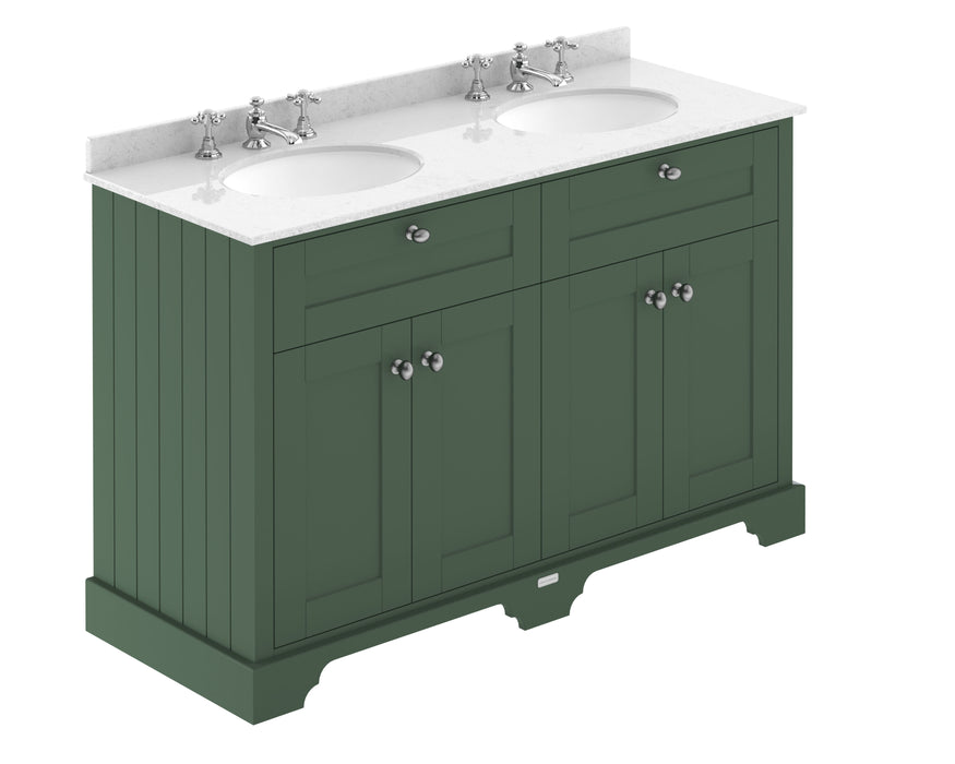 Old London 1200mm Hunter Green 4 Door Floor Standing Cabinet With 6 Tap Holes Twin White Marble Basin
