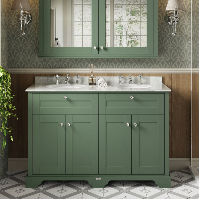 Old London 1200mm Hunter Green 4 Door Floor Standing Cabinet With 6 Tap Holes Twin White Marble Basin