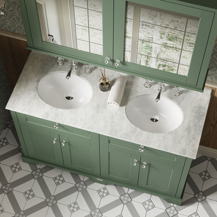 Old London 1200mm Hunter Green 4 Door Floor Standing Cabinet With 6 Tap Holes Twin White Marble Basin