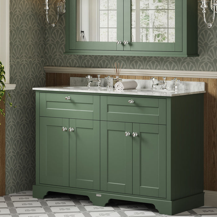 Old London 1200mm Hunter Green 4 Door Floor Standing Cabinet With 6 Tap Holes Twin White Marble Basin