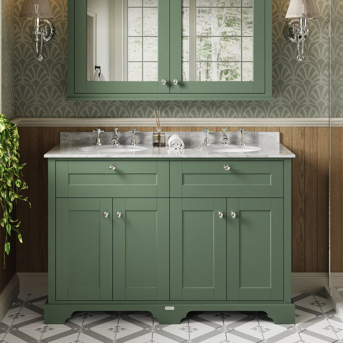 Old London 1200mm Hunter Green 4 Door Floor Standing Cabinet With 3 Tap Holes Twin Grey Marble Basin