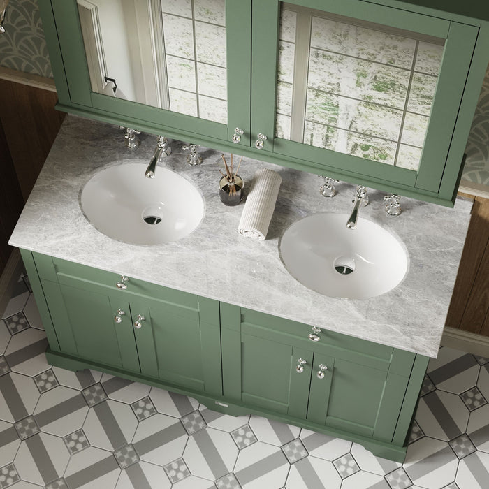 Old London 1200mm Hunter Green 4 Door Floor Standing Cabinet With 3 Tap Holes Twin Grey Marble Basin
